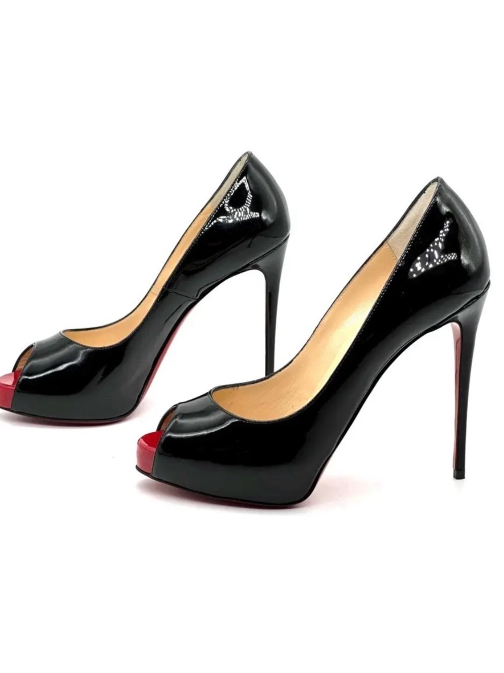 Christian Louboutin Black Patent Peep-Toe Pumps with Red Accents